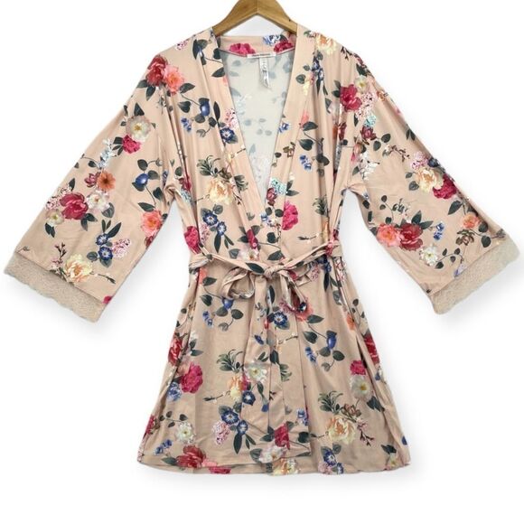 -Flora Nikrooz Women's Pink Floral Lace Trim Robe NWT S